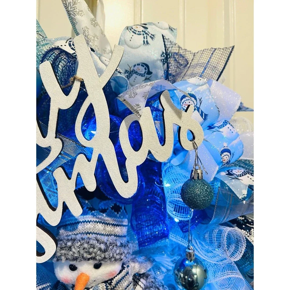 Blue Snowman Merry Christmas Ribbon Door Wreath Handmade 22 ins LED W23